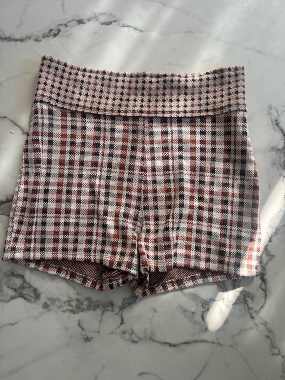Free People Pink and Brown Plaid Knit Bike Shorts
